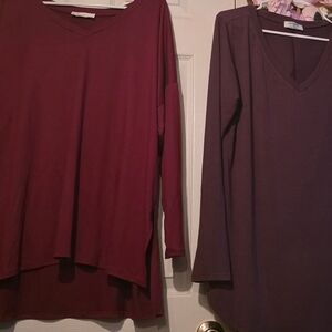 Zenana V-Neck Long Sleeve Tops in Burgundy and Plum. Size 2XL.